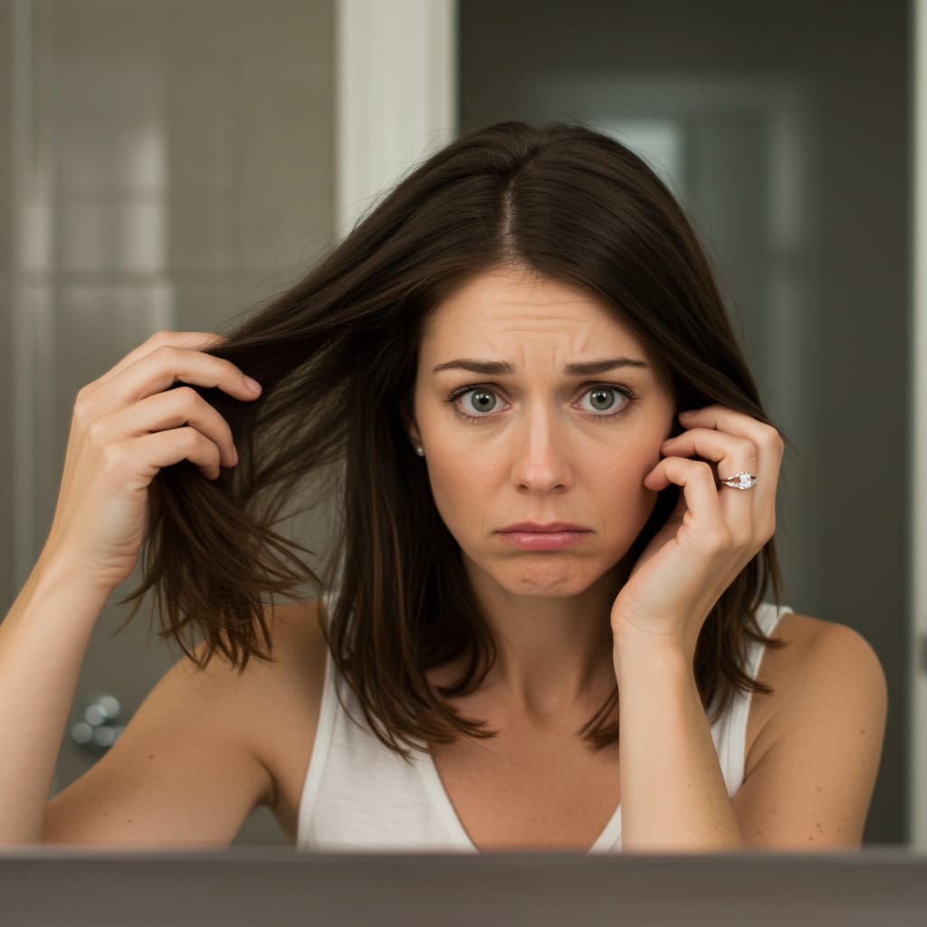 Femme aux longs cheveux bruns vue de dos, se touchant délicatement la chevelure.
