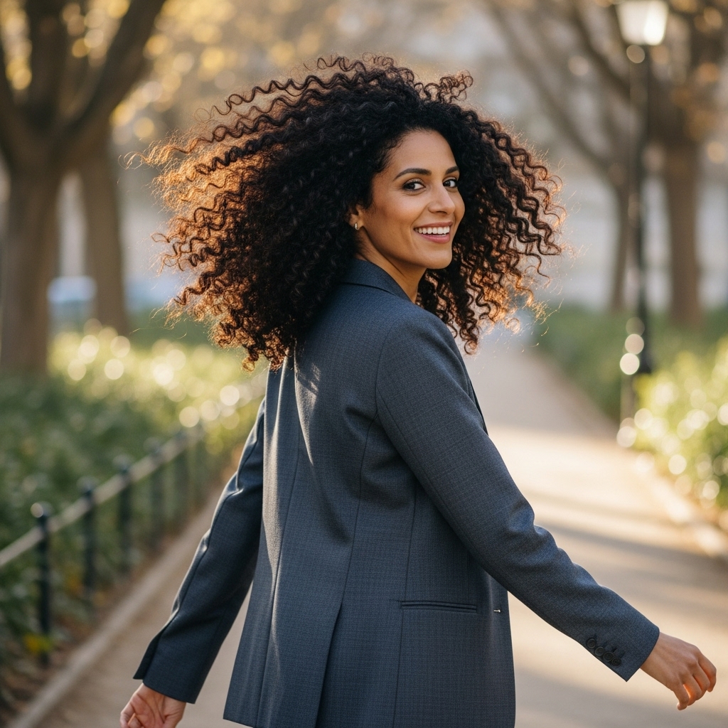Femme souriante et épanouie, en harmonie avec ses cheveux.