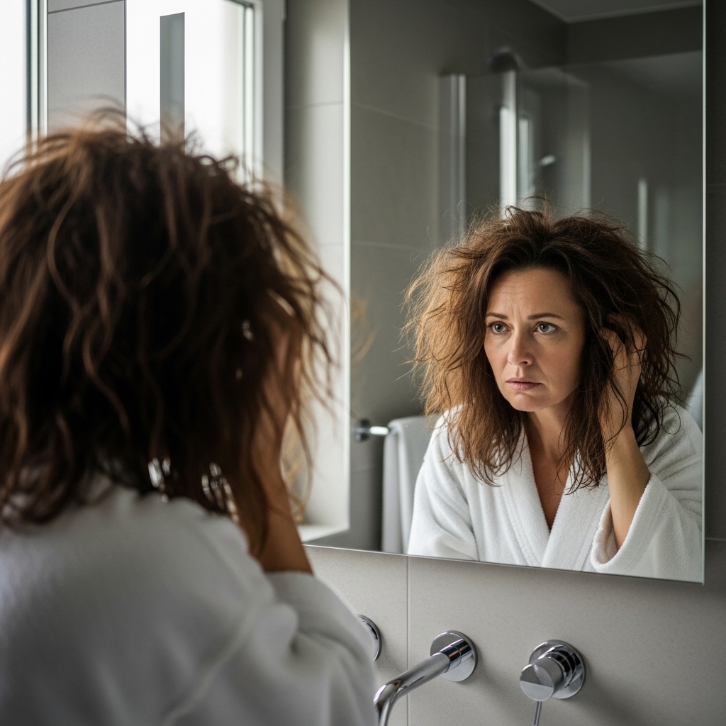 Femme déçue par ses cheveux devant le miroir